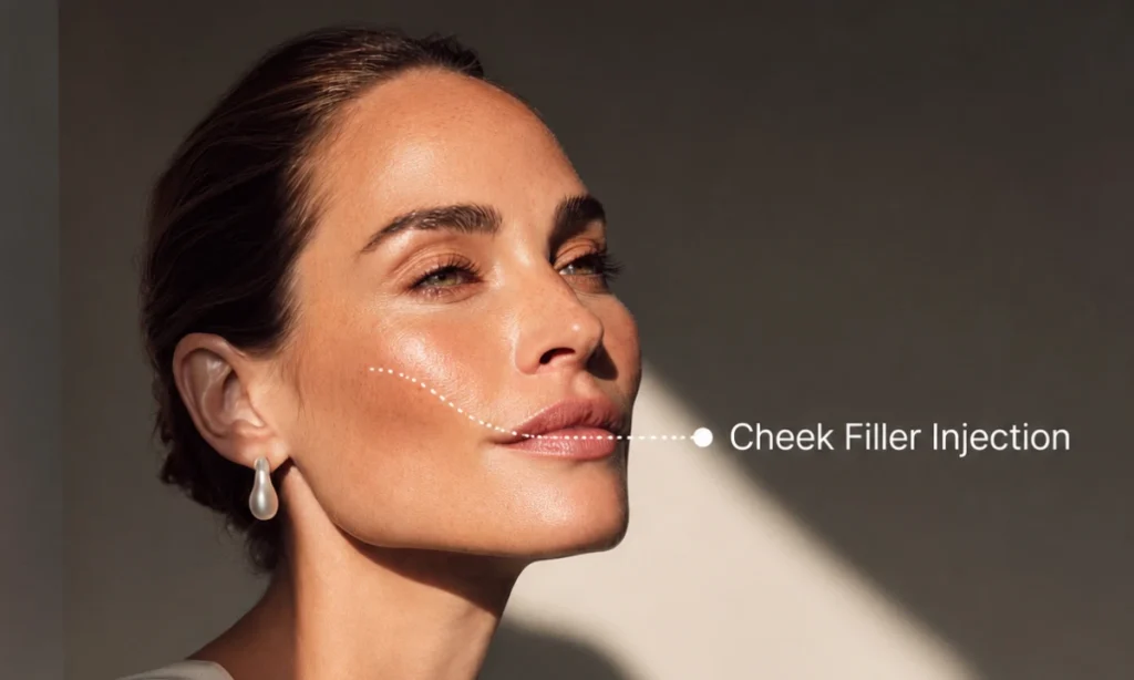 Showing the cheek filler injection point on a beautiful woman's face