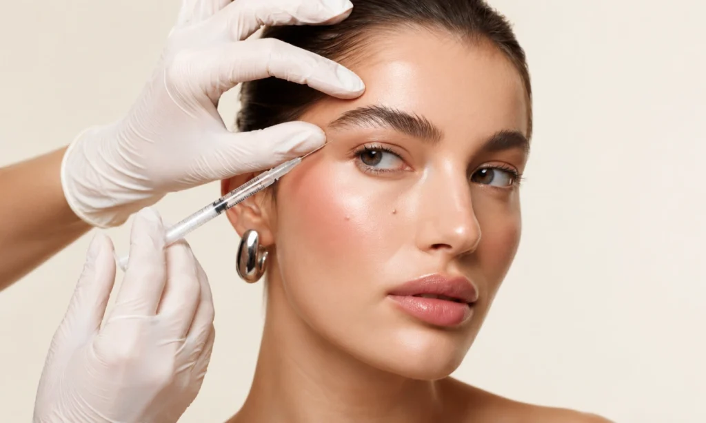 Botox injection into the eyebrows of an attractive and beautiful woman by a beautician