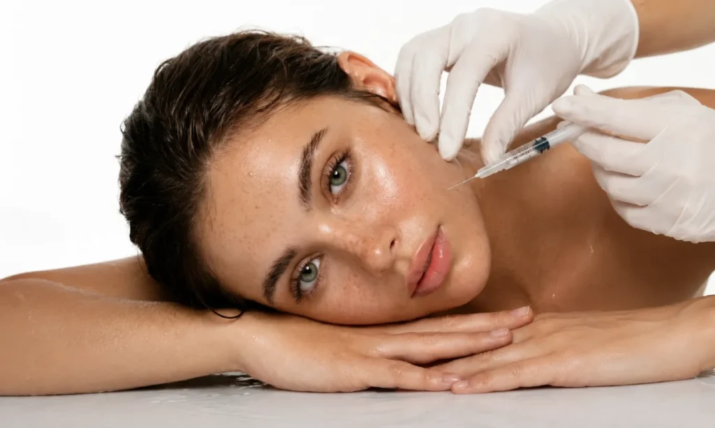 A woman undergoing facial mesotherapy injections for skin rejuvenation.