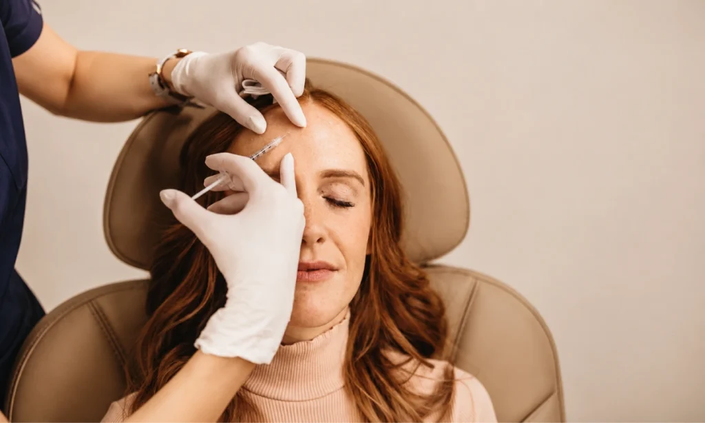 Botox injection into the forehead of a middle-aged woman lying on a beauty bed