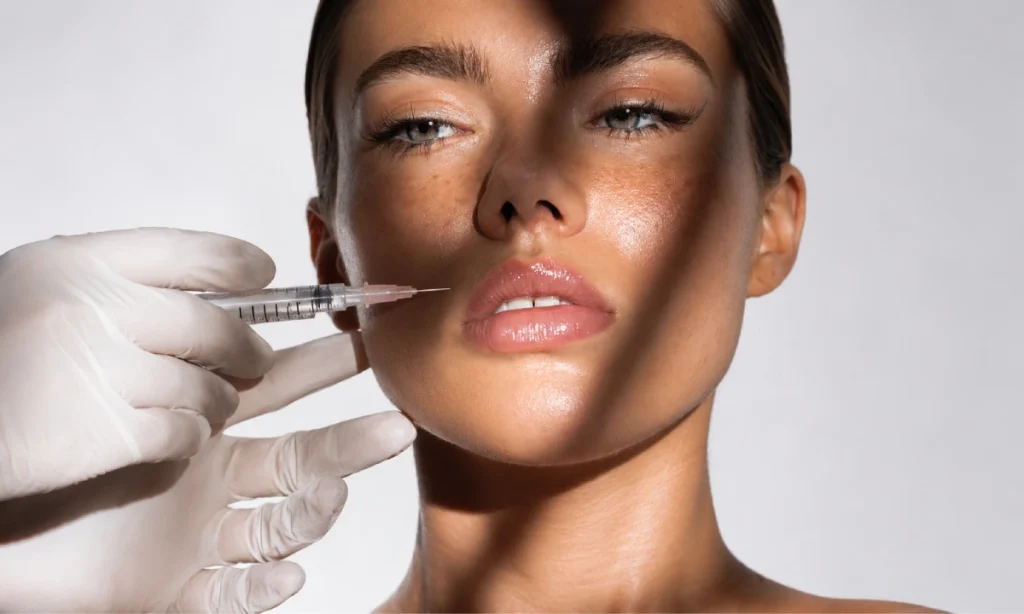 Filler injection to a beautiful client by a cosmetic specialist