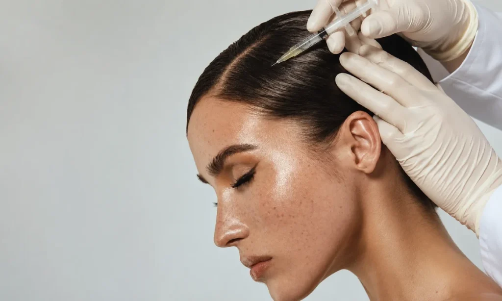 Hair mesotherapy injection between the hairs of a beautiful and attractive woman
