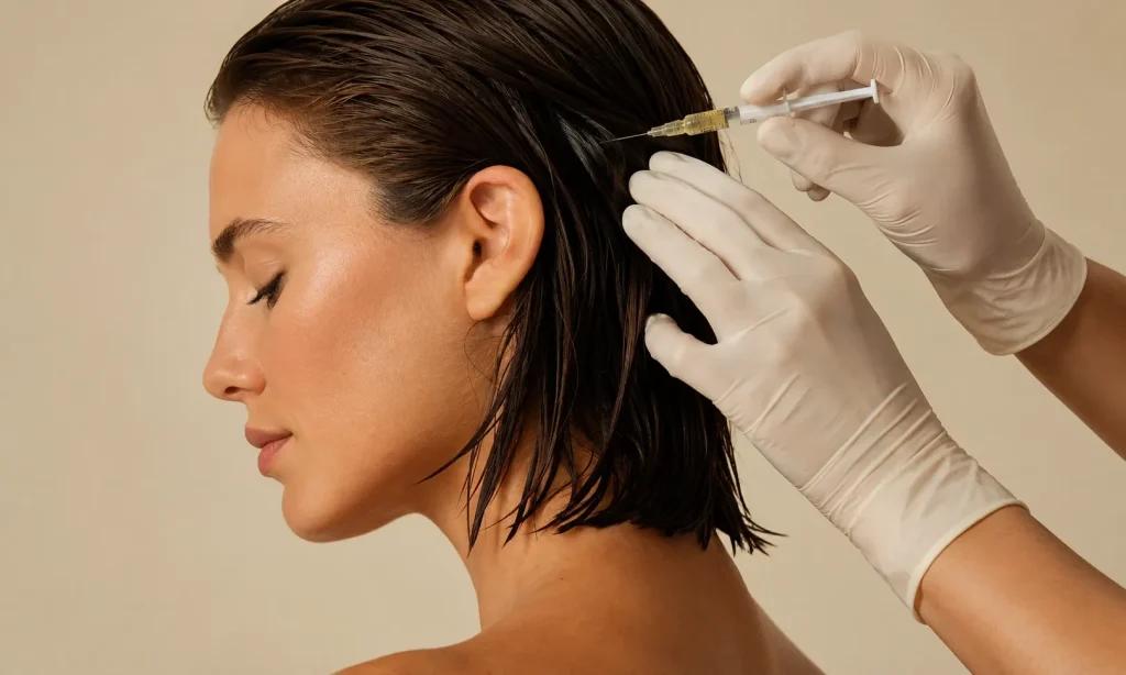 A woman is injecting hair filler to strengthen her hair.