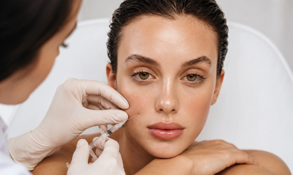 Nasolabial fold filler injection on a woman's face