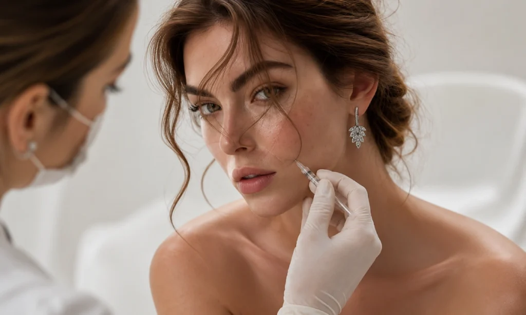 Nasolabial fold filler injection on a woman's face