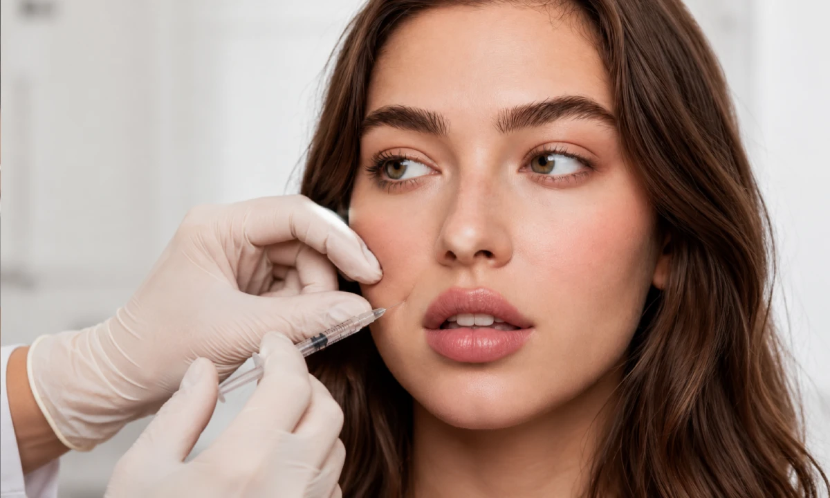 Nasolabial fold filler injection on a girls face
