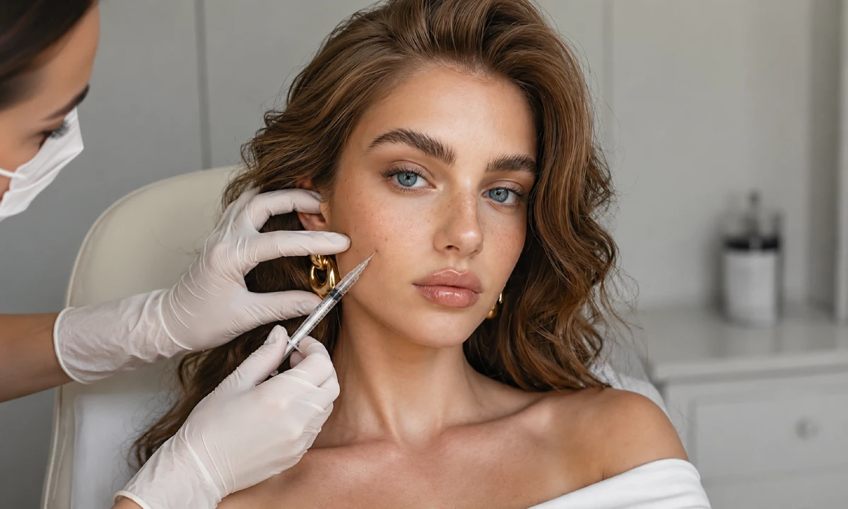 Nasolabial fold filler injection on a woman's face