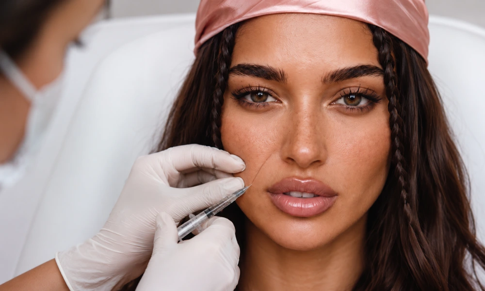 Nasolabial fold filler injection on a woman's face