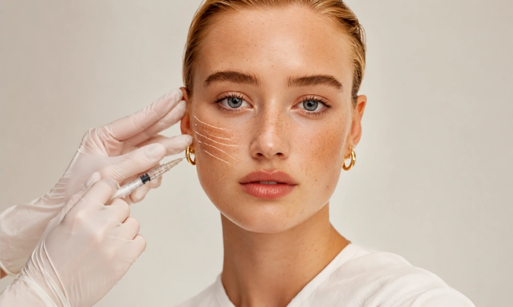 A woman getting natural cheek filler injections