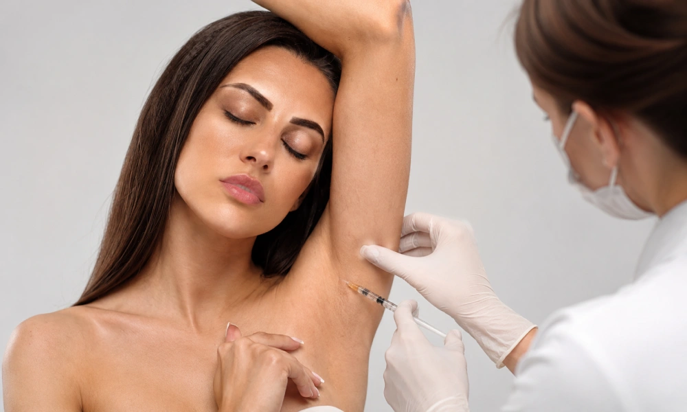 A woman injecting Botox into a patient's armpit.