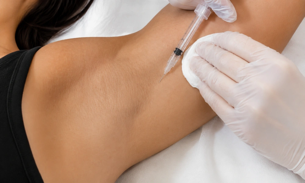 Botox injection under the armpit for a man lying on a bed