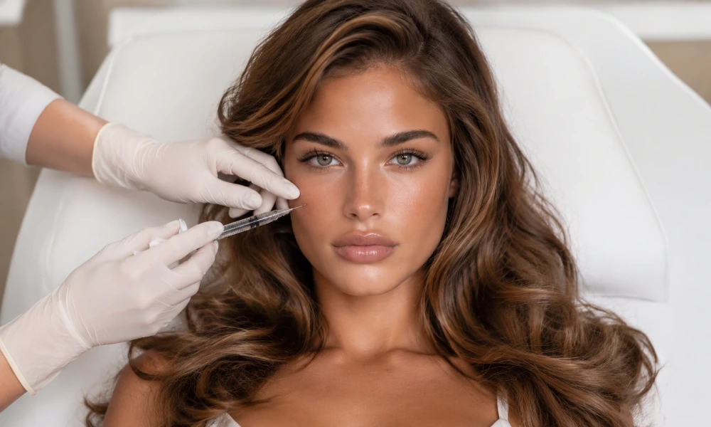 Cheek filler injection to a woman lying on a bed