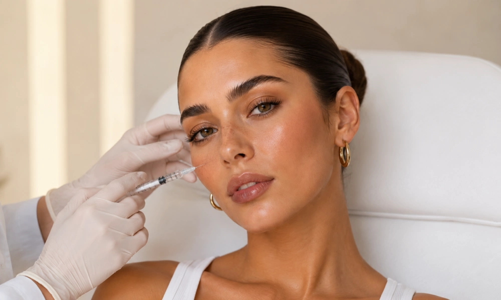 Cheek filler injection into a young girl's face in the clinic
