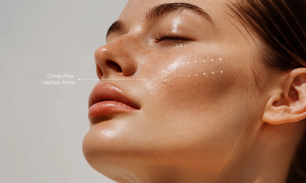 Points where cheek filler injections were performed
